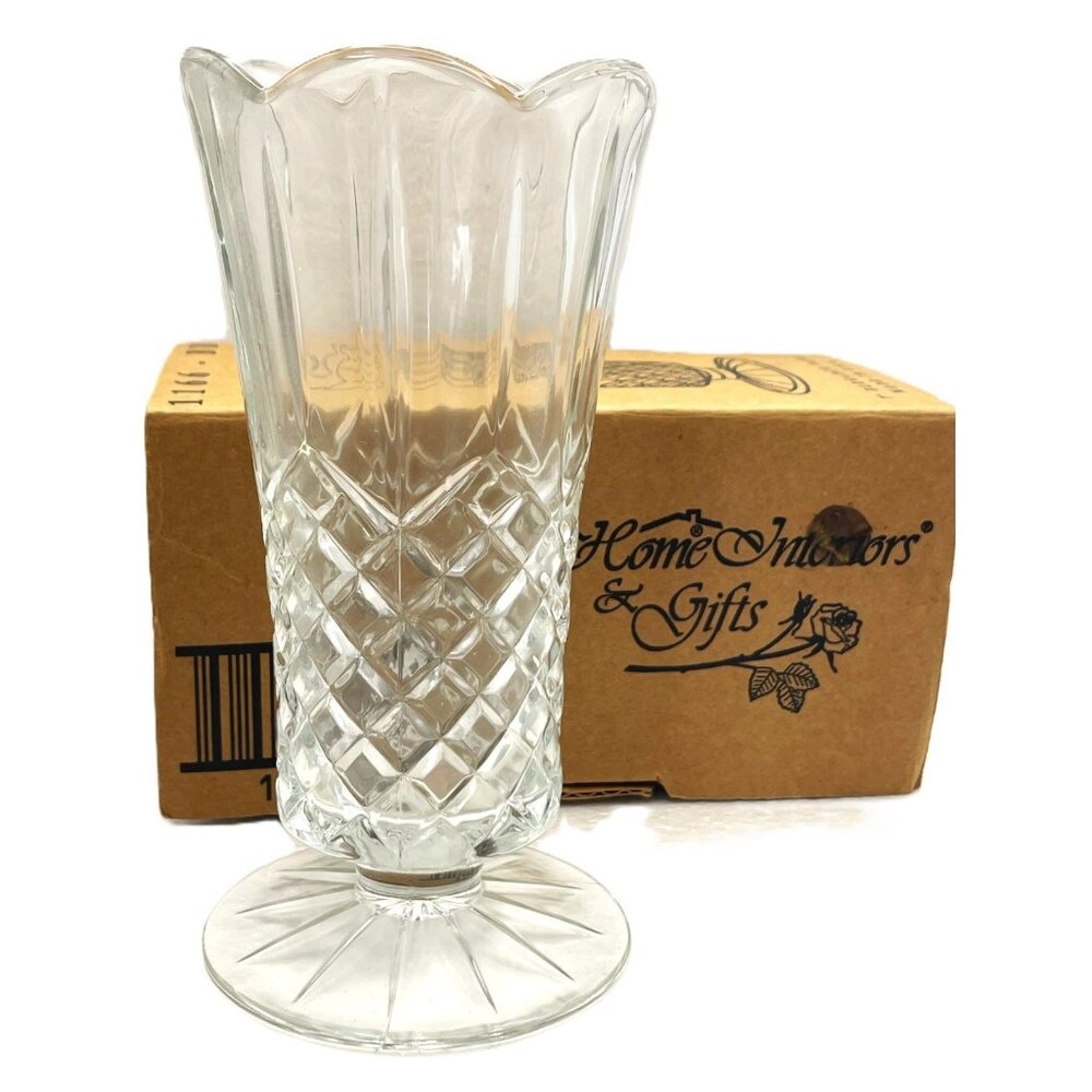 Home Interiors 7" Elegance Vase Cut Glass Diamond Pattern Footed Base Vintage